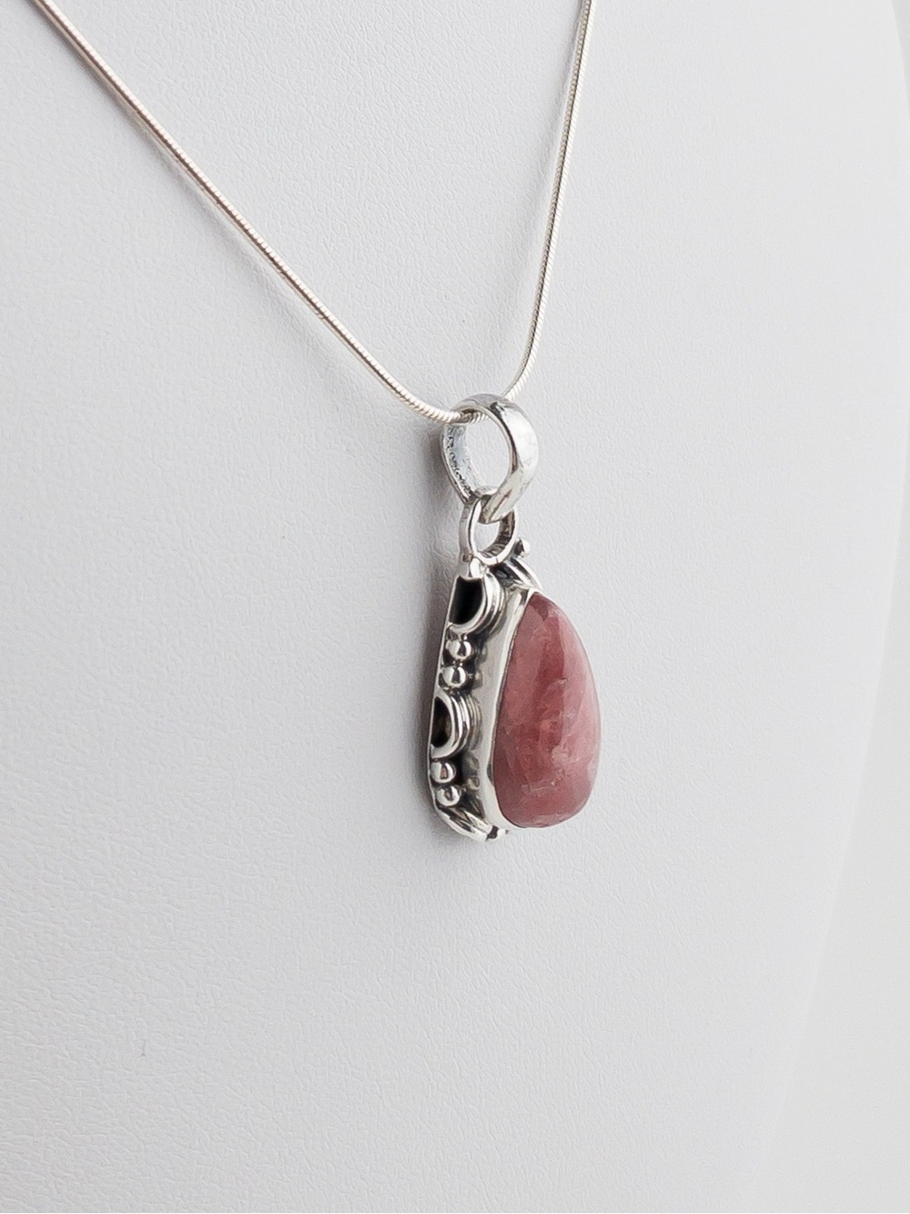 Vintage Sterling Silver Rhodochrosite Teardrop Pendant Necklace 925 Pink - Picture 4 of 11